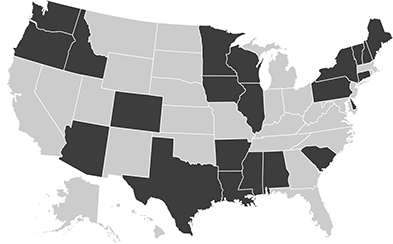 Image of the United States with the contributing state P&As highlighted in darker black.